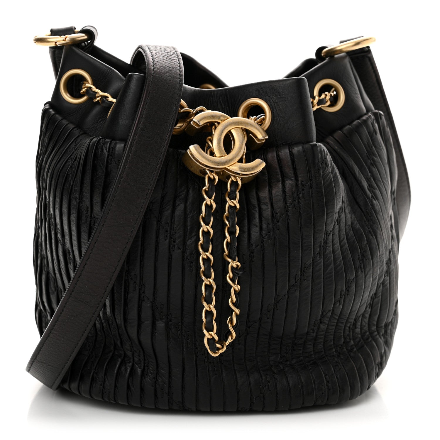 Chanel Iridescent Crumpled Calfskin Coco Pleats Small Drawstring Bag Black 1 of 10