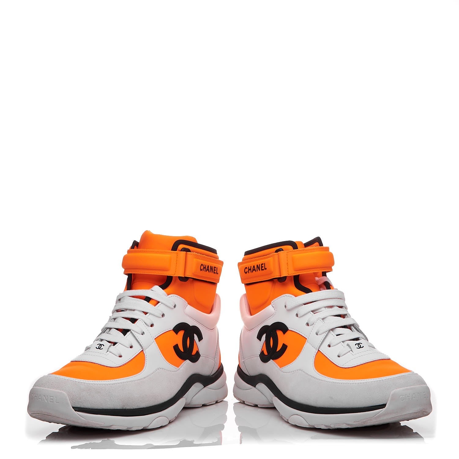 Chanel Suede Calfskin Lambskin Neoprene High Top CC Sneakers 40.5 White Fluo Orange 6 of 10