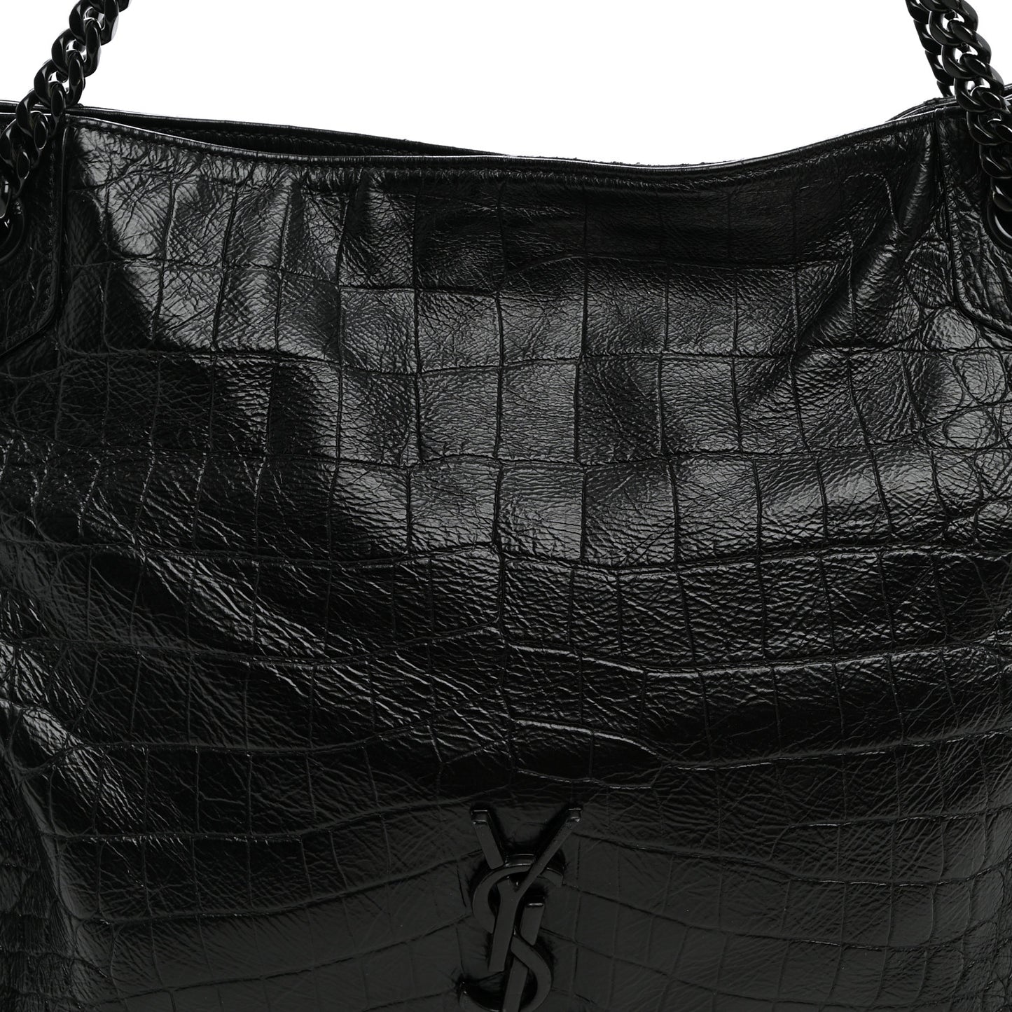 Calfskin Crocodile Embossed Monogram Medium Niki Shopping Bag Black