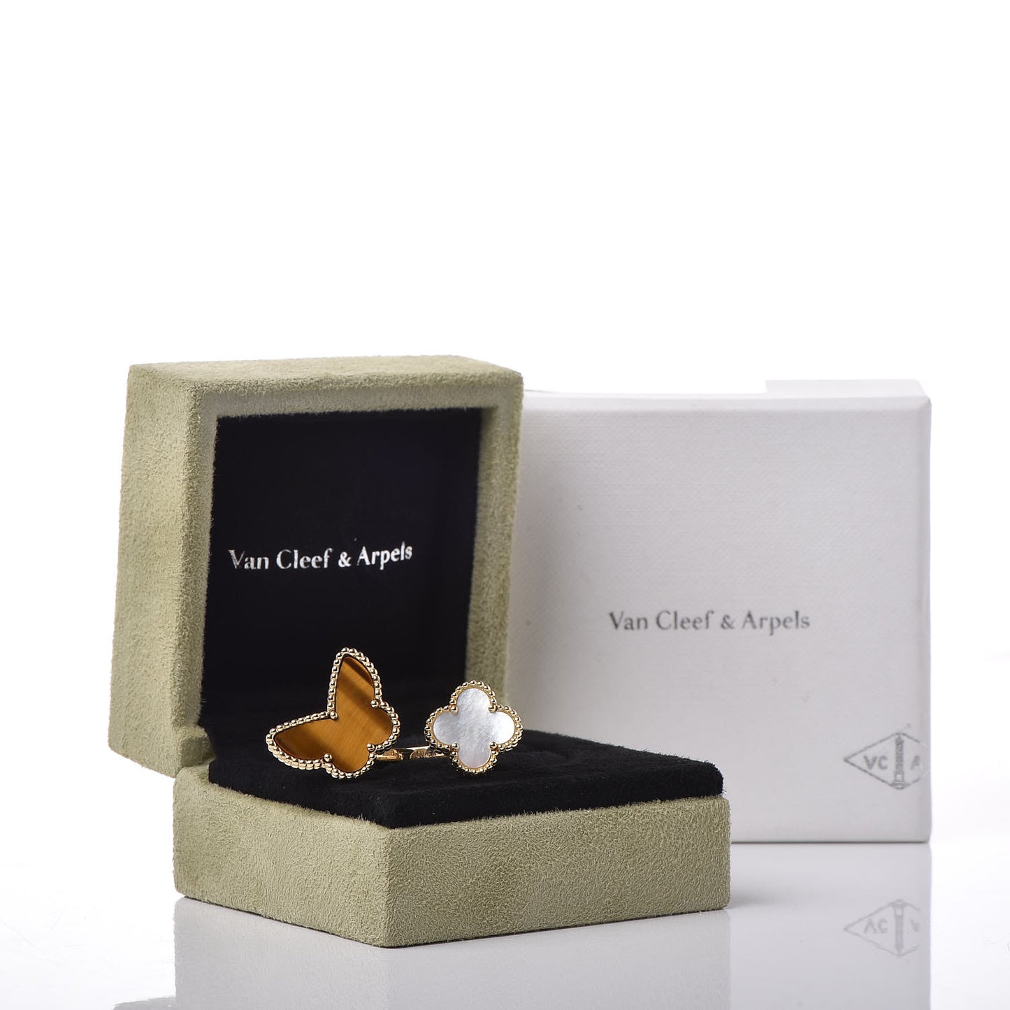 18K Yellow Gold Mother of Pearl Tiger Eye Lucky Alhambra Between the Finger Ring 53 6.25