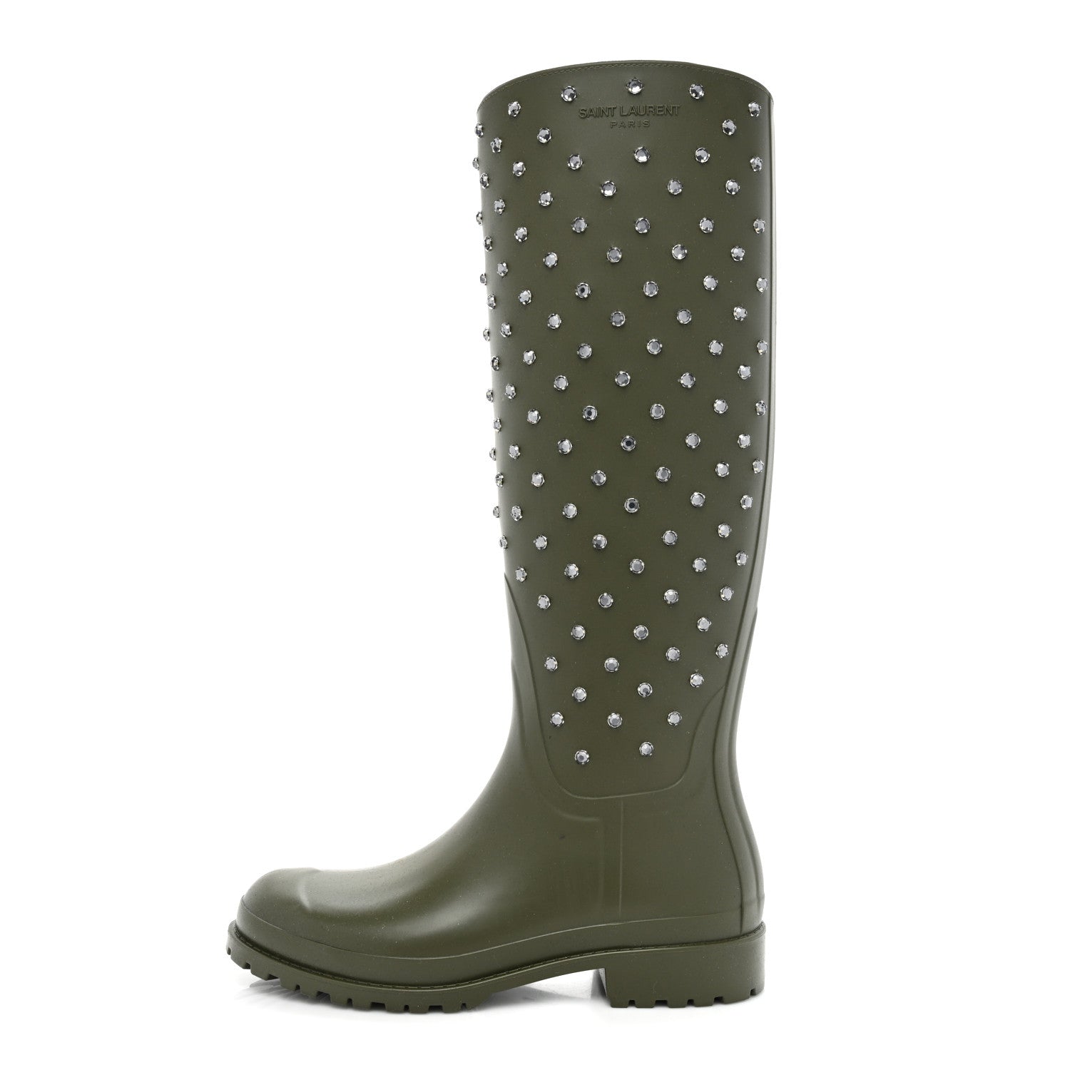 Saint Laurent Rubber Studded Festival Rain Boots 37 New Kaki Fonce 1 of 14