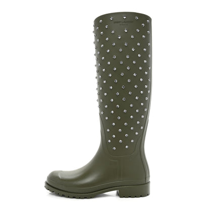 Saint Laurent Rubber Studded Festival Rain Boots 37 New Kaki Fonce 1 of 14