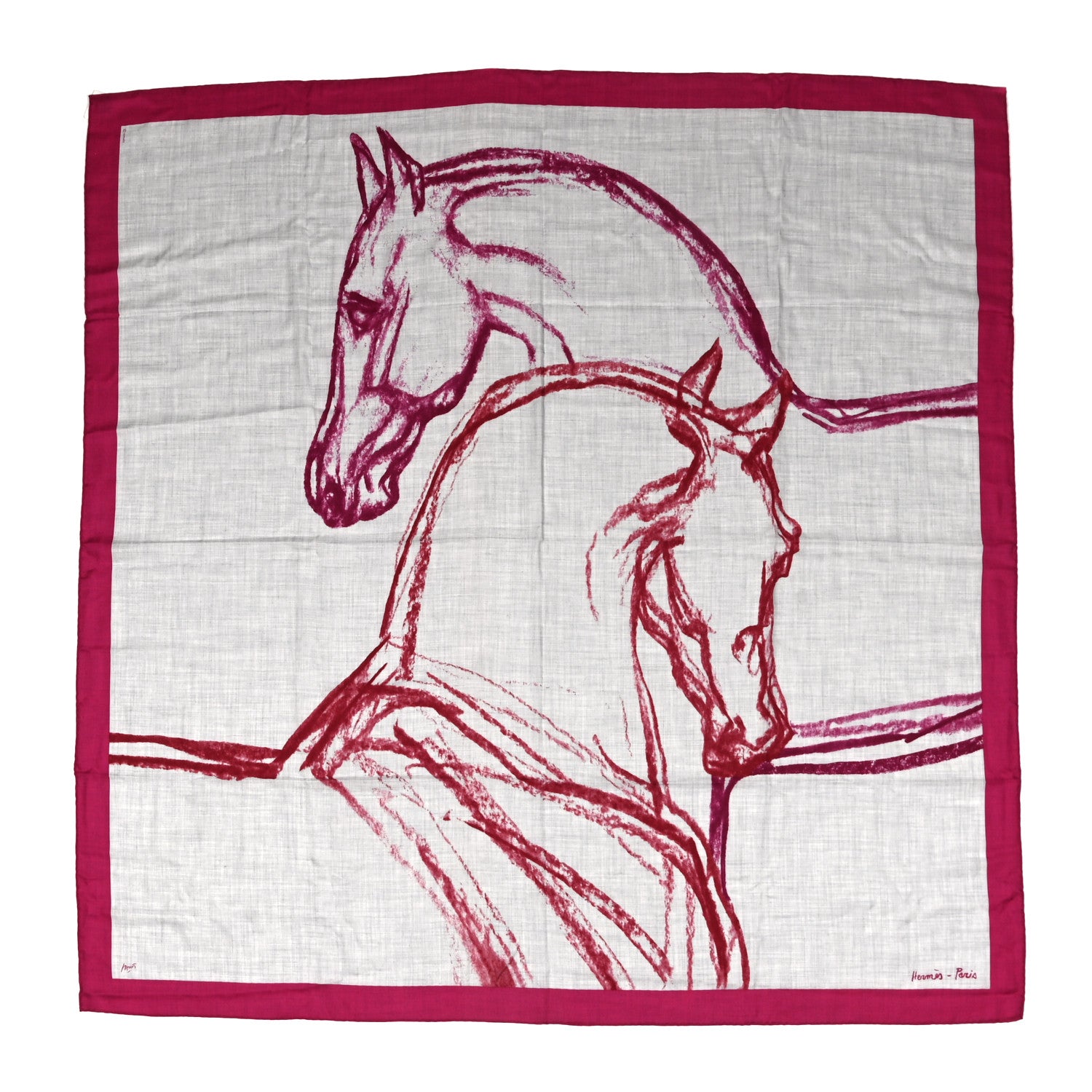Hermes Cashmere Silk Chevaux Au Pre Shawl 140 Fuchsia Gris Chine Framboise 1 of 5