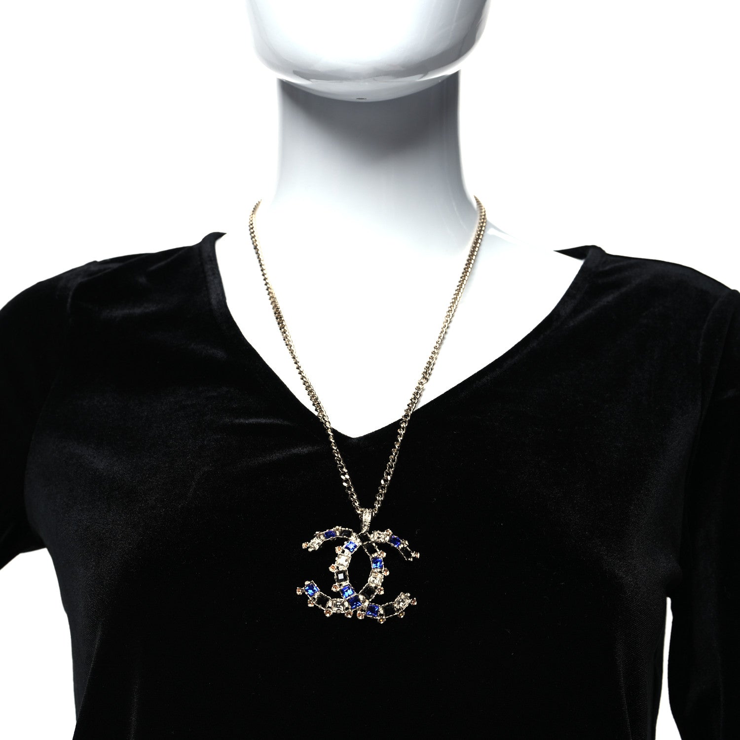Chanel Crystal CC Pendant Necklace Gold Blue 2 of 5