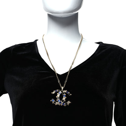 Chanel Crystal CC Pendant Necklace Gold Blue 2 of 5