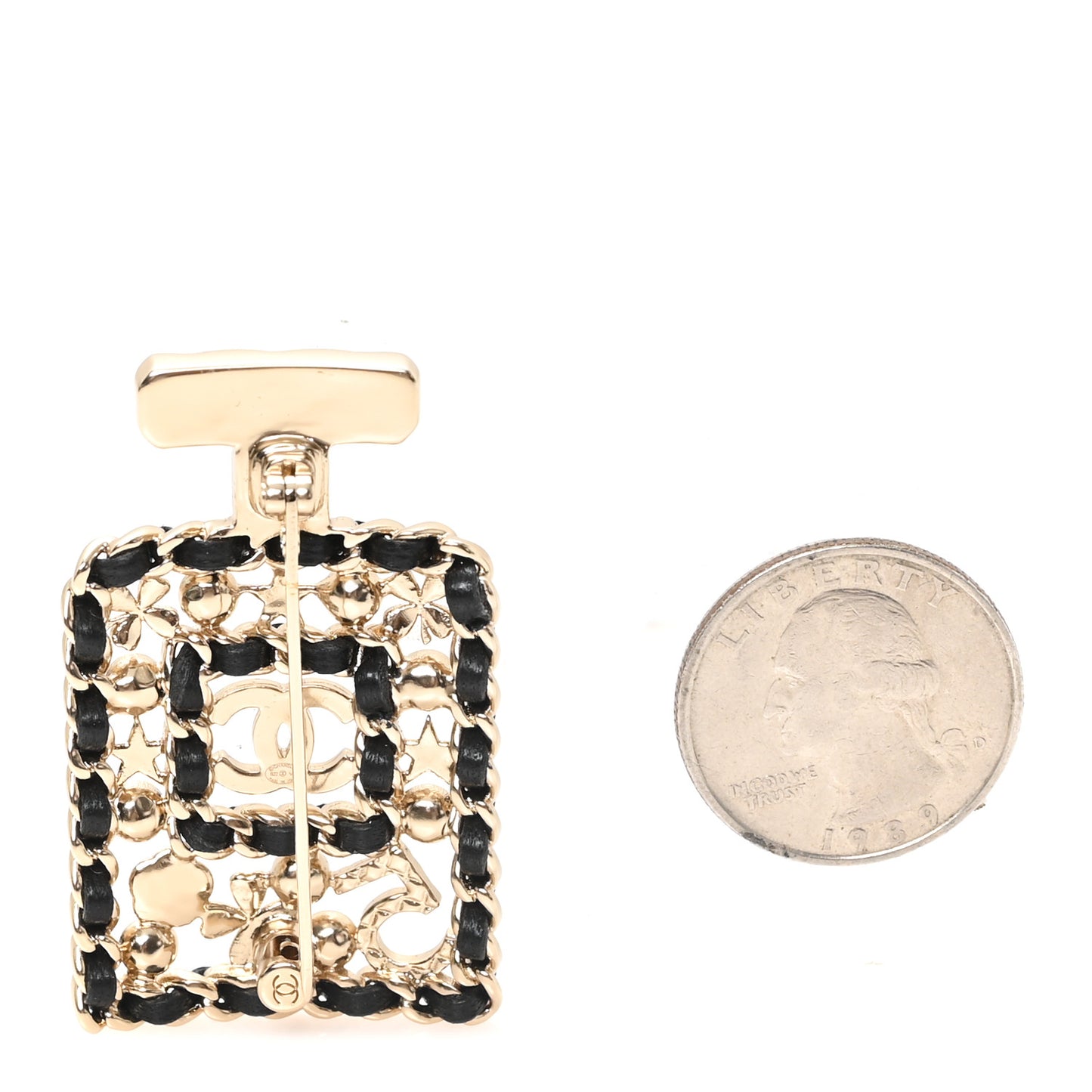 Lambskin Pearl Quilted Chain CC Perfume Bottle Brooch Gold