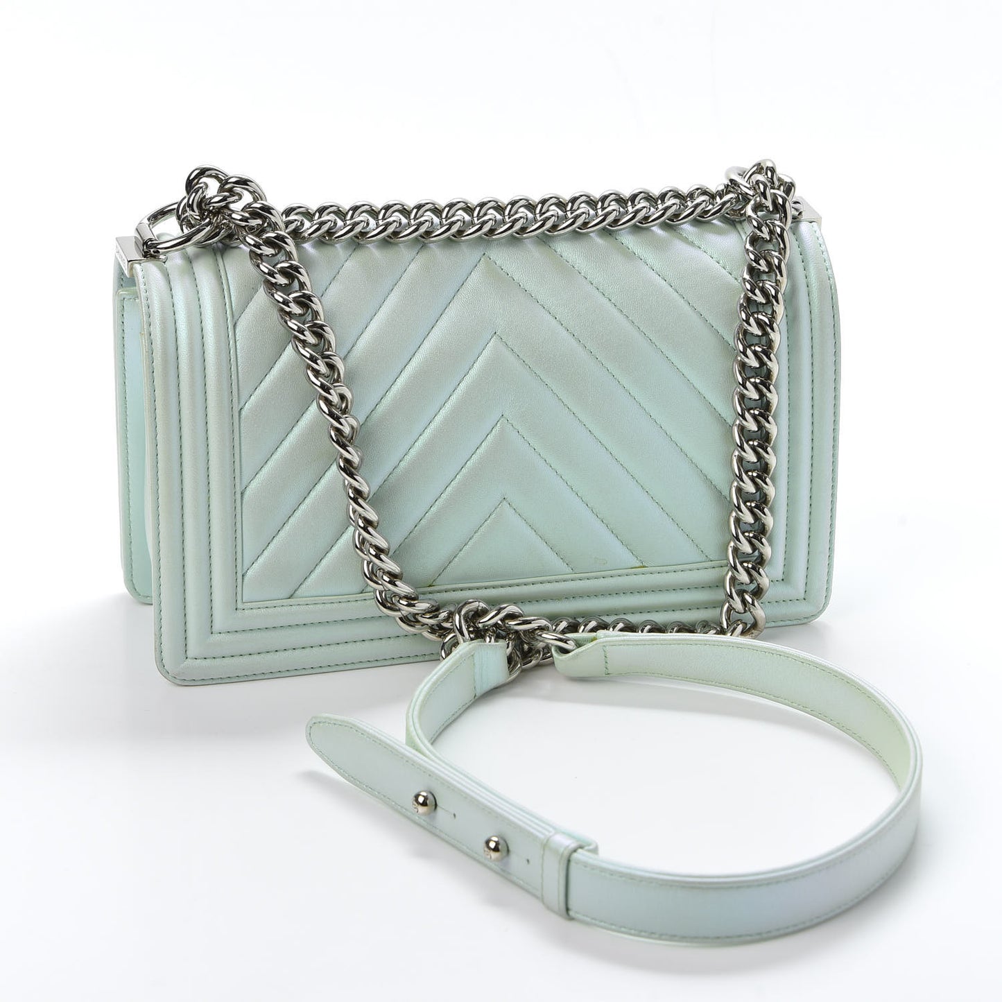 Iridescent Lambskin Chevron Quilted Medium Boy Flap Turquoise