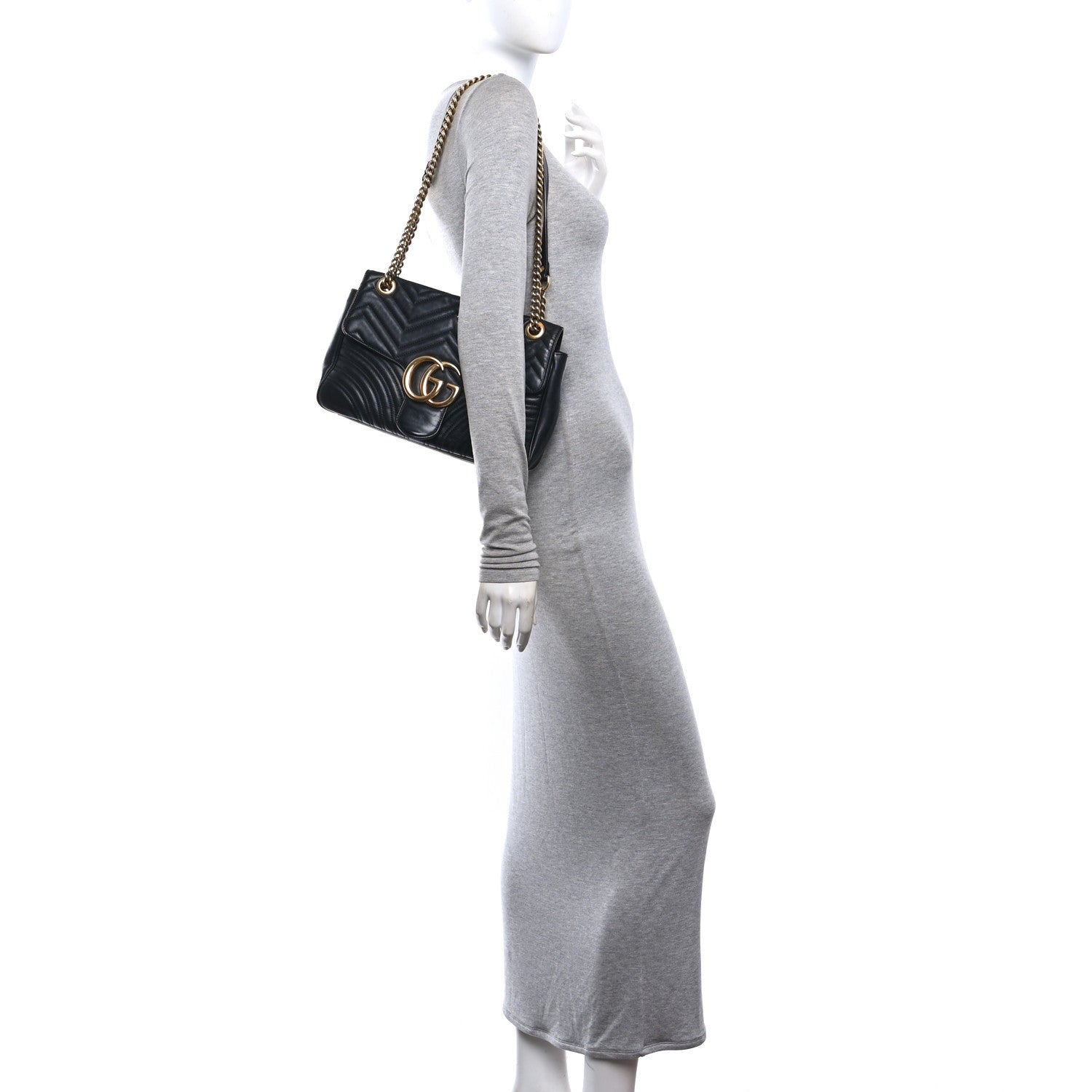 Gucci Calfskin Matelasse Medium GG Marmont Shoulder Bag Black 2 of 10
