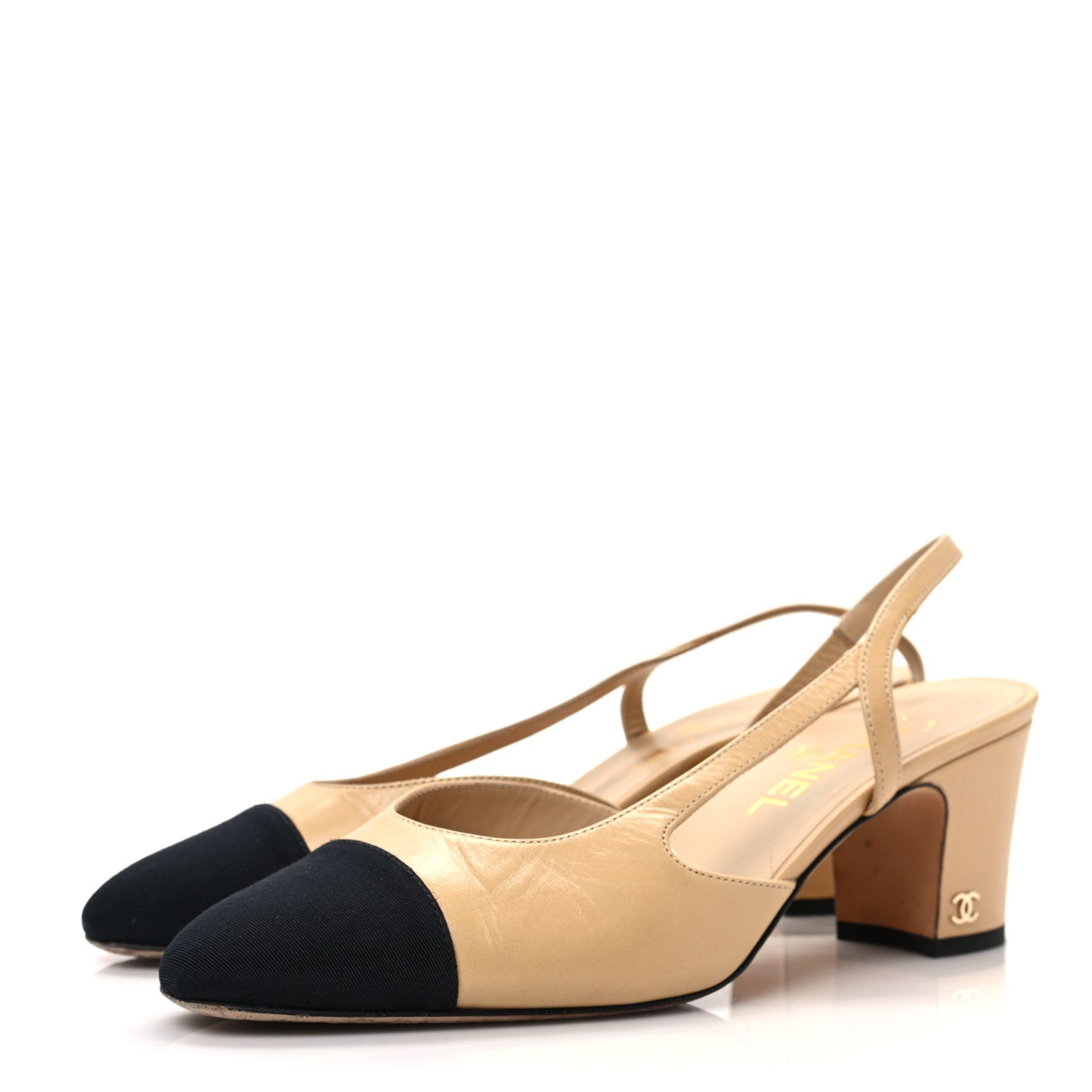 Lambskin Grosgrain Cap Toe CC Slingback Pumps 38.5 Beige Black