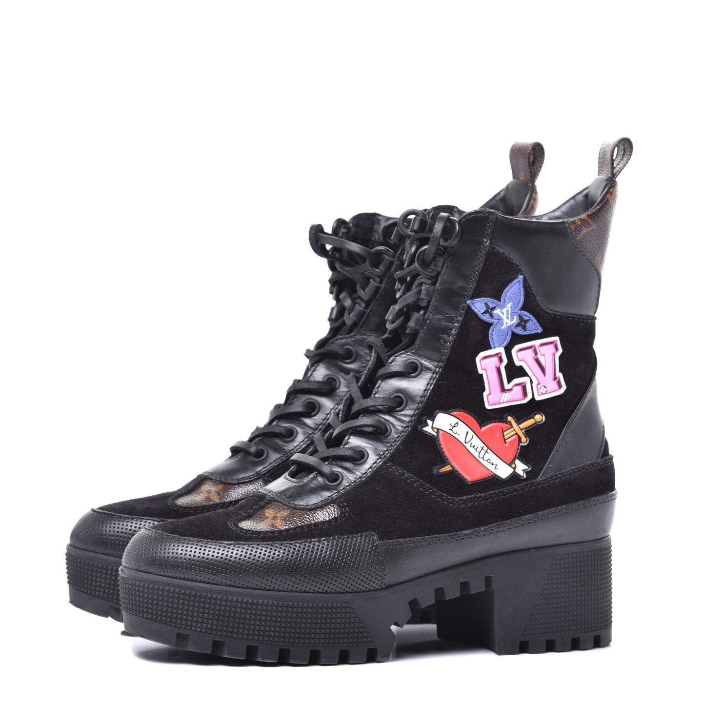 Suede Calfskin Monogram LV Black Heart Laureate Platform Desert Boots 38 Black