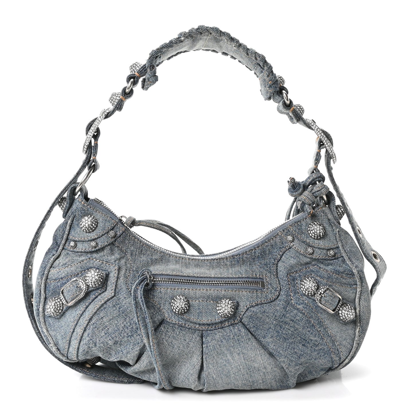 Washed Frayed Denim Crystal Small Le Cagole Shoulder Bag Blue