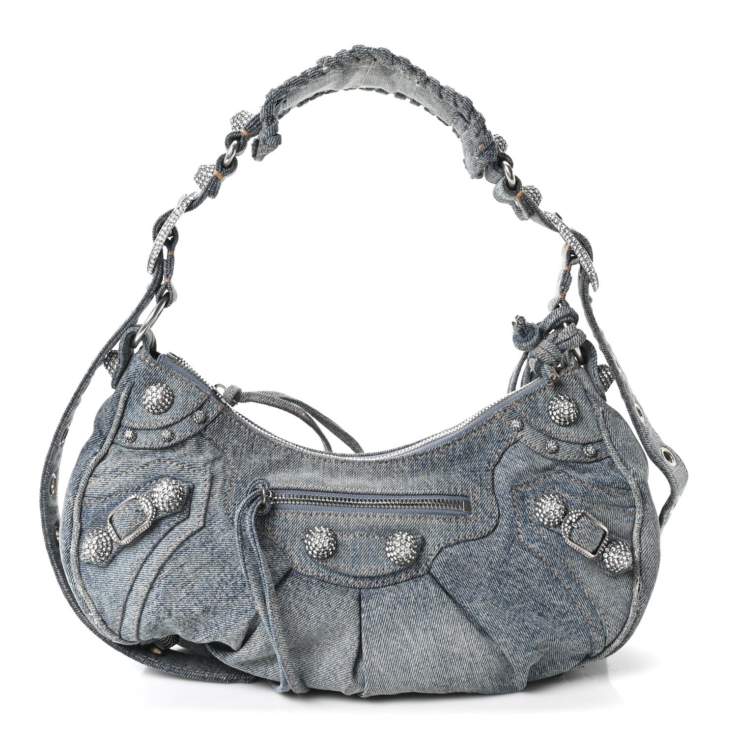Balenciaga Washed Frayed Denim Crystal Small Le Cagole Shoulder Bag Blue 1 of 11