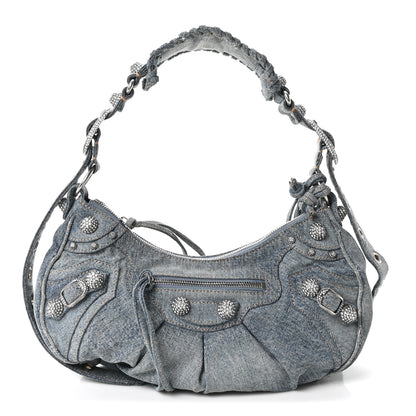Balenciaga Washed Frayed Denim Crystal Small Le Cagole Shoulder Bag Blue 1 of 11