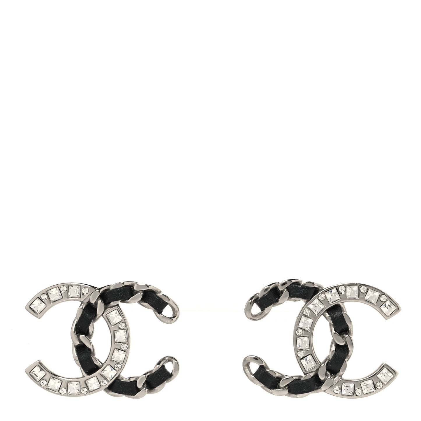 Crystal Baguette Lambskin Chain CC Vintage Allure Stud Earrings Black Silver