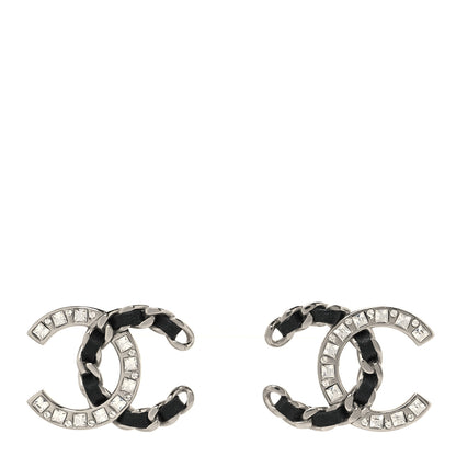 Chanel Crystal Baguette Lambskin Chain CC Vintage Allure Stud Earrings Black Silver 1 of 8