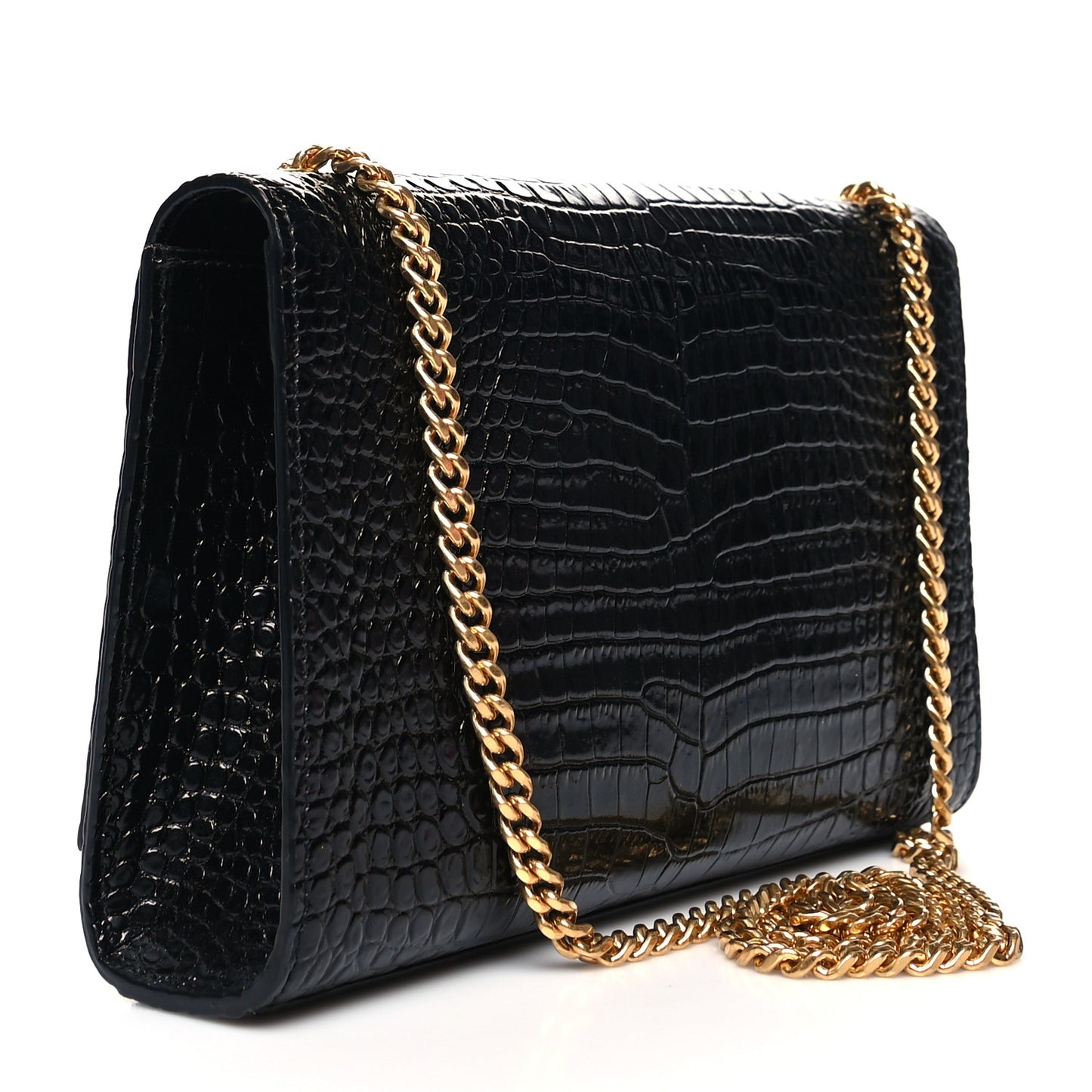 Calfskin Crocodile Embossed Medium Classic Monogram Kate Tassel Satchel Black