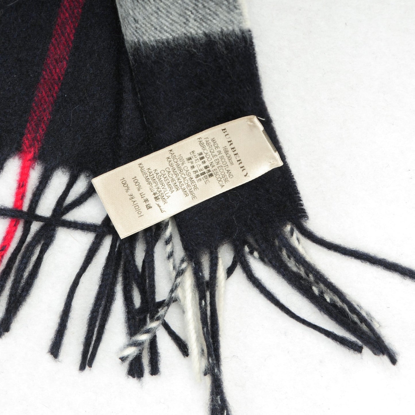 Cashmere Giant Check Fringe Scarf Navy