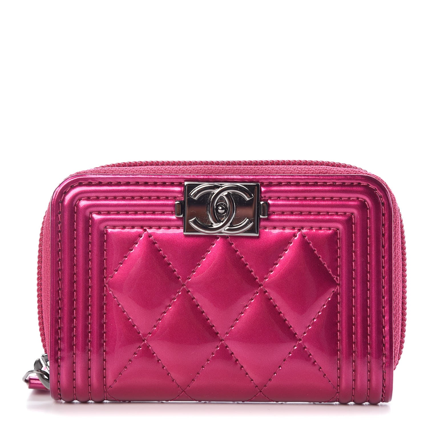 Chanel Metallic Patent Quilted Zip Around Boy Coin Purse Wallet Fuchsia 1 of 8