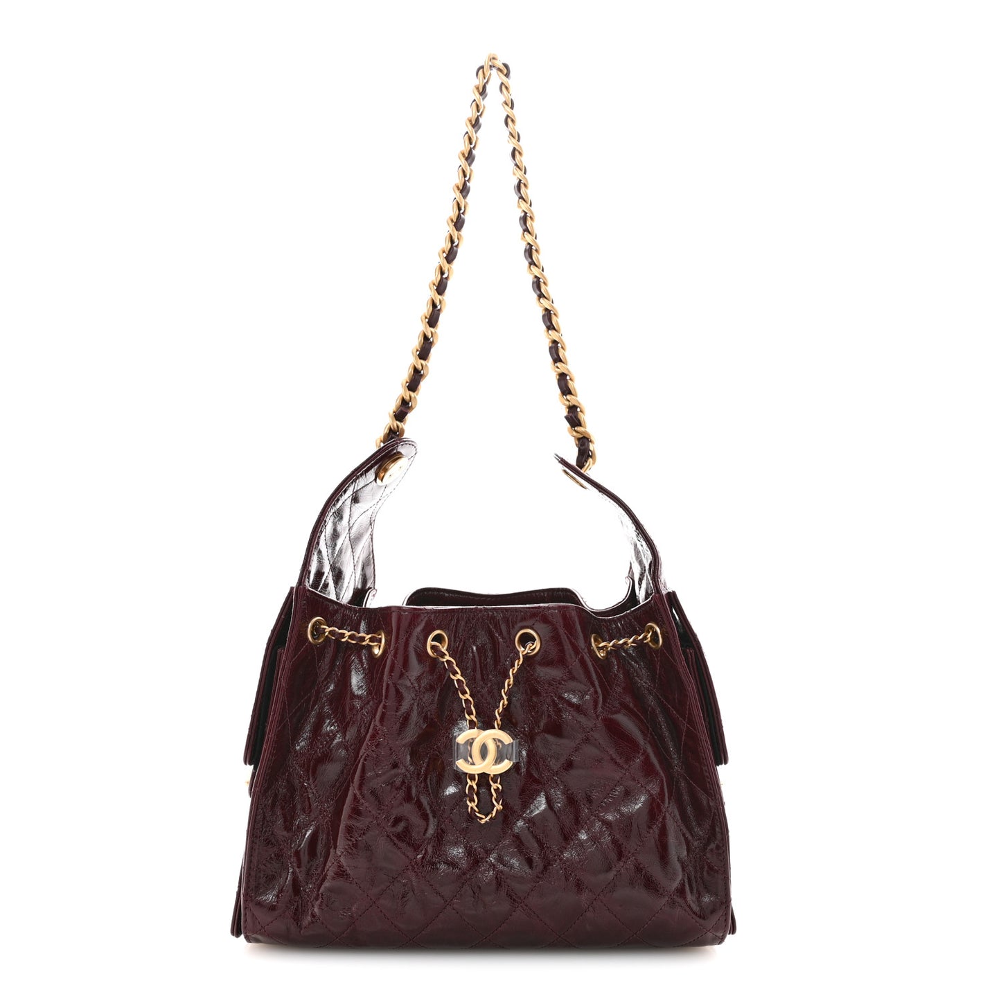 Shiny Crumpled Calfskin Quilted Small Chanel 25 Handbag Burgundy