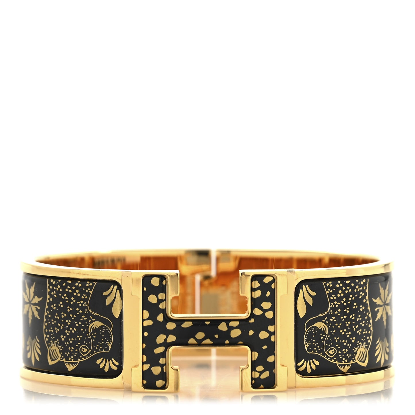Enamel Printed Wide Les Leopards Clic Clac H Bracelet GM Black Gold