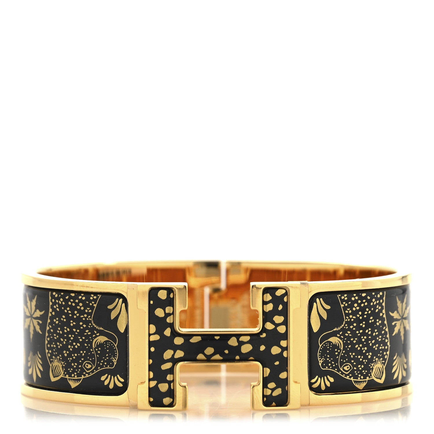 Hermes Enamel Printed Wide Les Leopards Clic Clac H Bracelet GM Black Gold 1 of 4