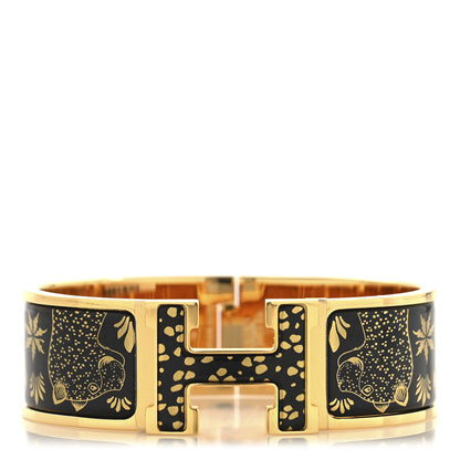 Hermes Enamel Printed Wide Les Leopards Clic Clac H Bracelet GM Black Gold 1 of 4