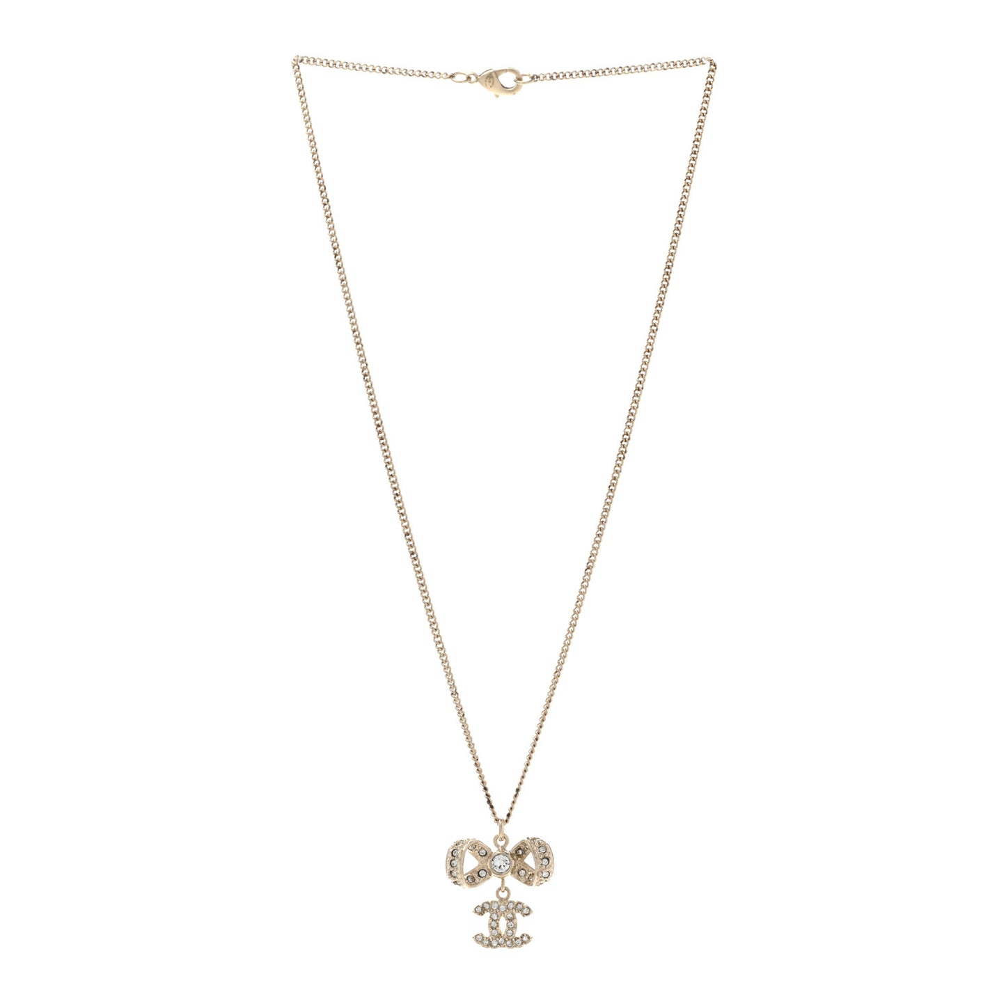 Metal Crystal CC Bow Drop Necklace Gold