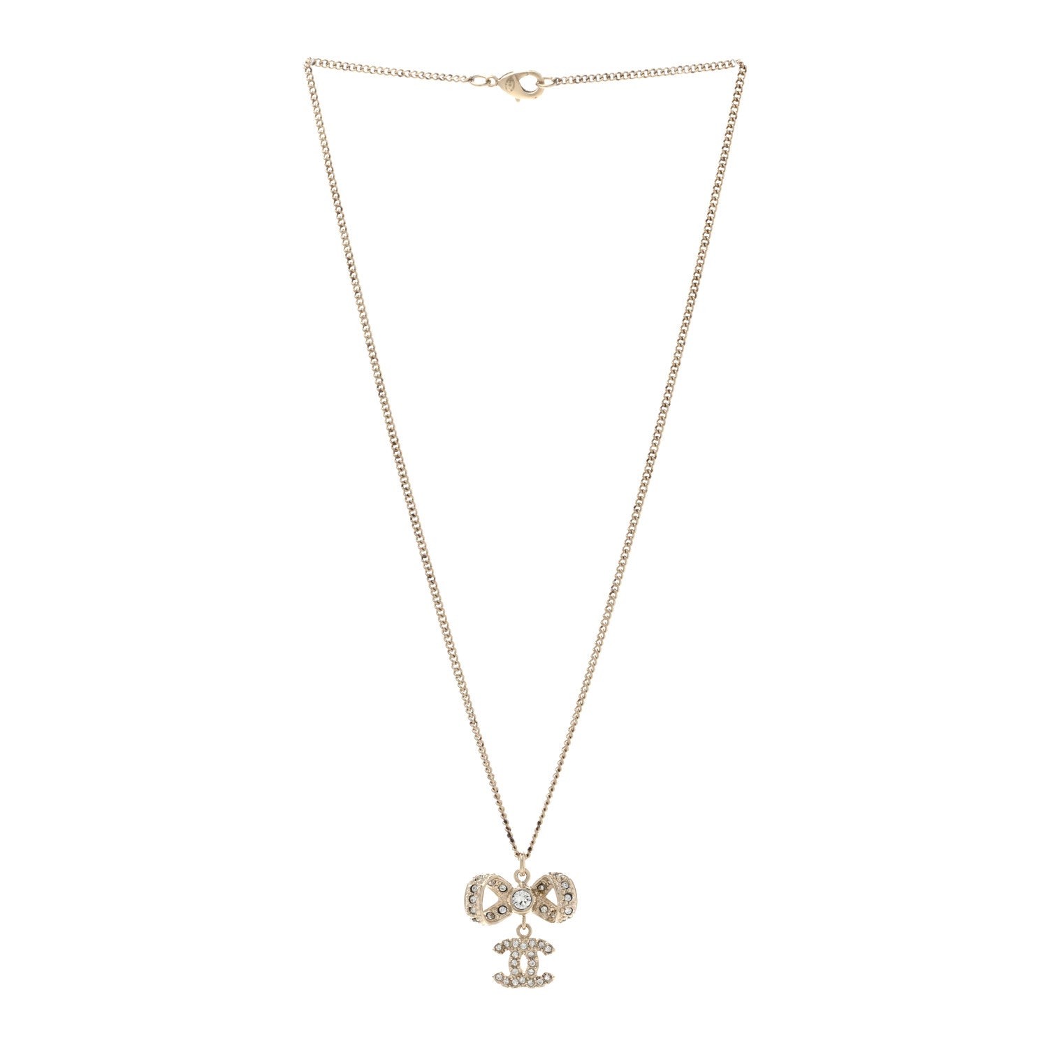Chanel Metal Crystal CC Bow Drop Necklace Gold 3 of 8