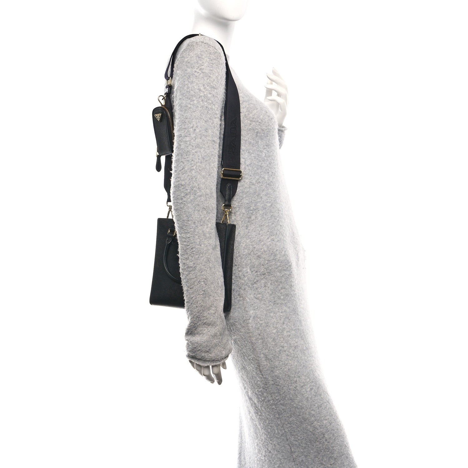 Prada Saffiano Lux Triangle Logo Embossed Small Double Handle Crossbody Tote Black 2 of 11