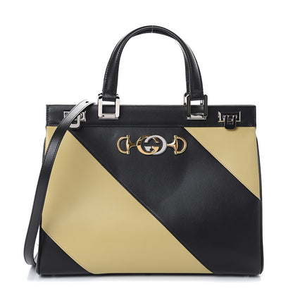 Gucci Smooth Calfskin Diagonal Striped Medium Zumi Top Handle Bag Black Beige 1 of 9