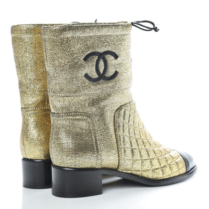Chanel Metallic Goatskin Cap Toe Short Boots 37 Gold Black 4 of 10