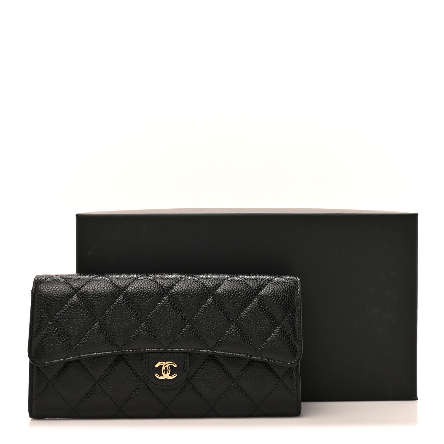 Caviar Quilted Large Gusset Flap Wallet Black