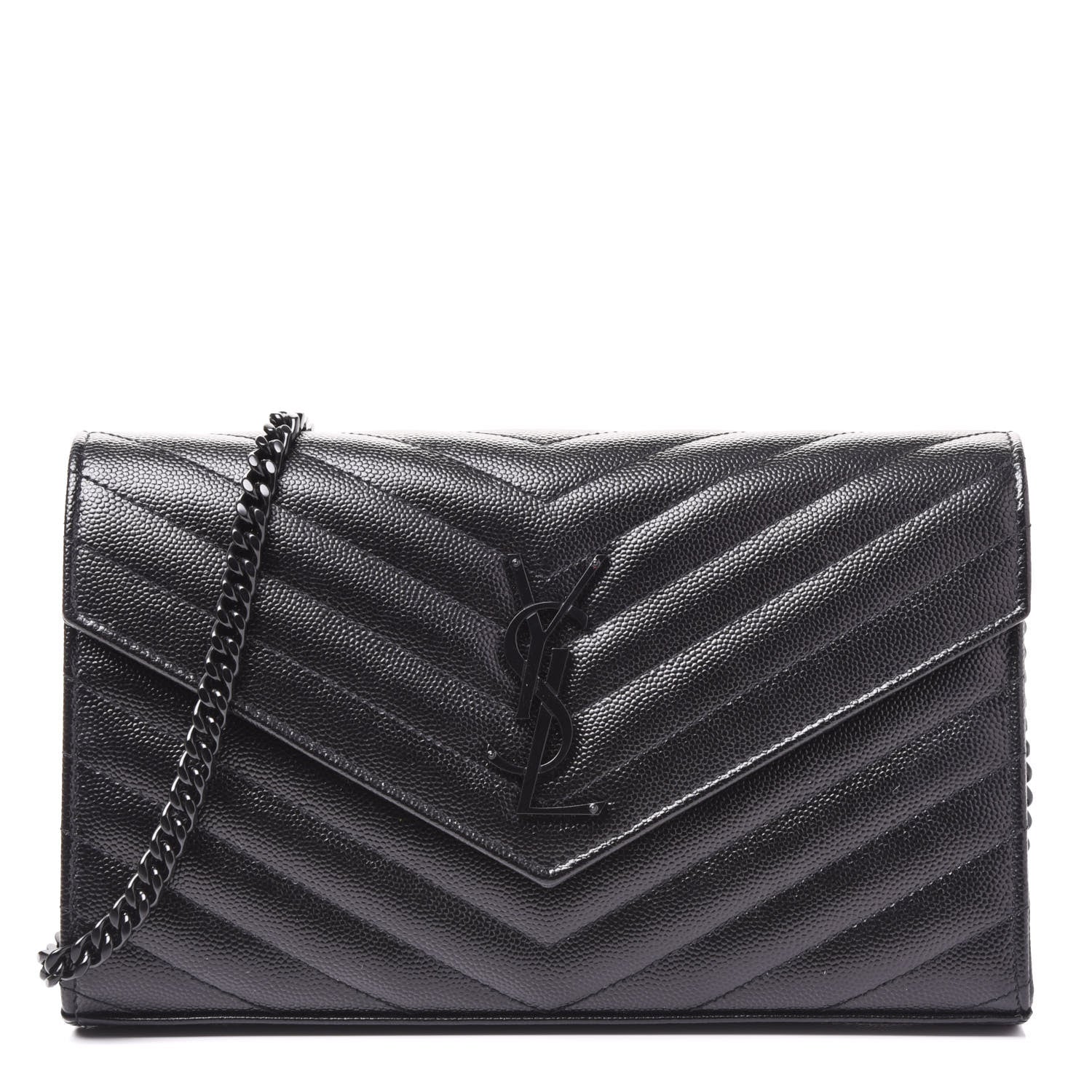 Saint Laurent Grain De Poudre Matelasse Chevron Monogram Chain Wallet Black 1 of 8