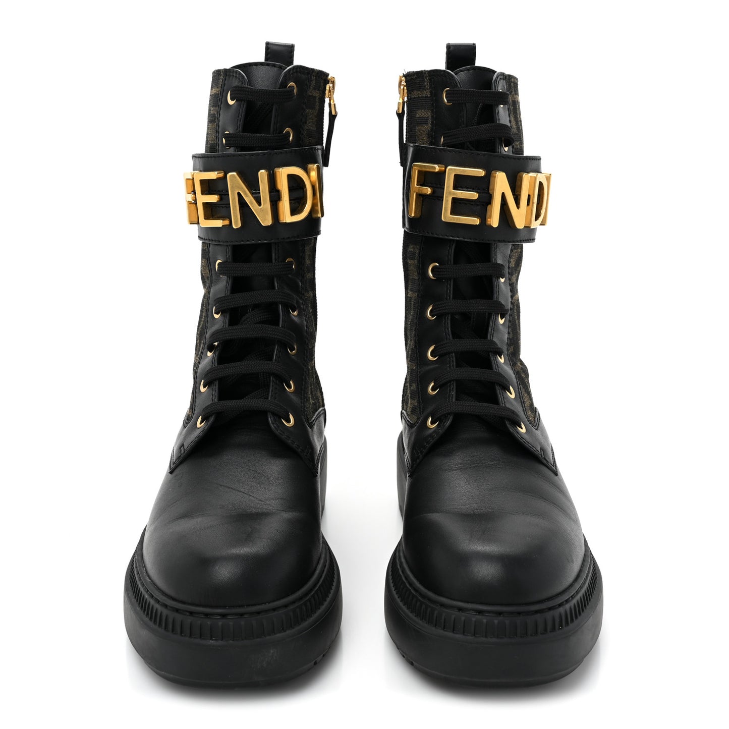 Vitello Fabric Jacquard FF Fendigraphy 50mm Biker Boots 42 Black Tobacco