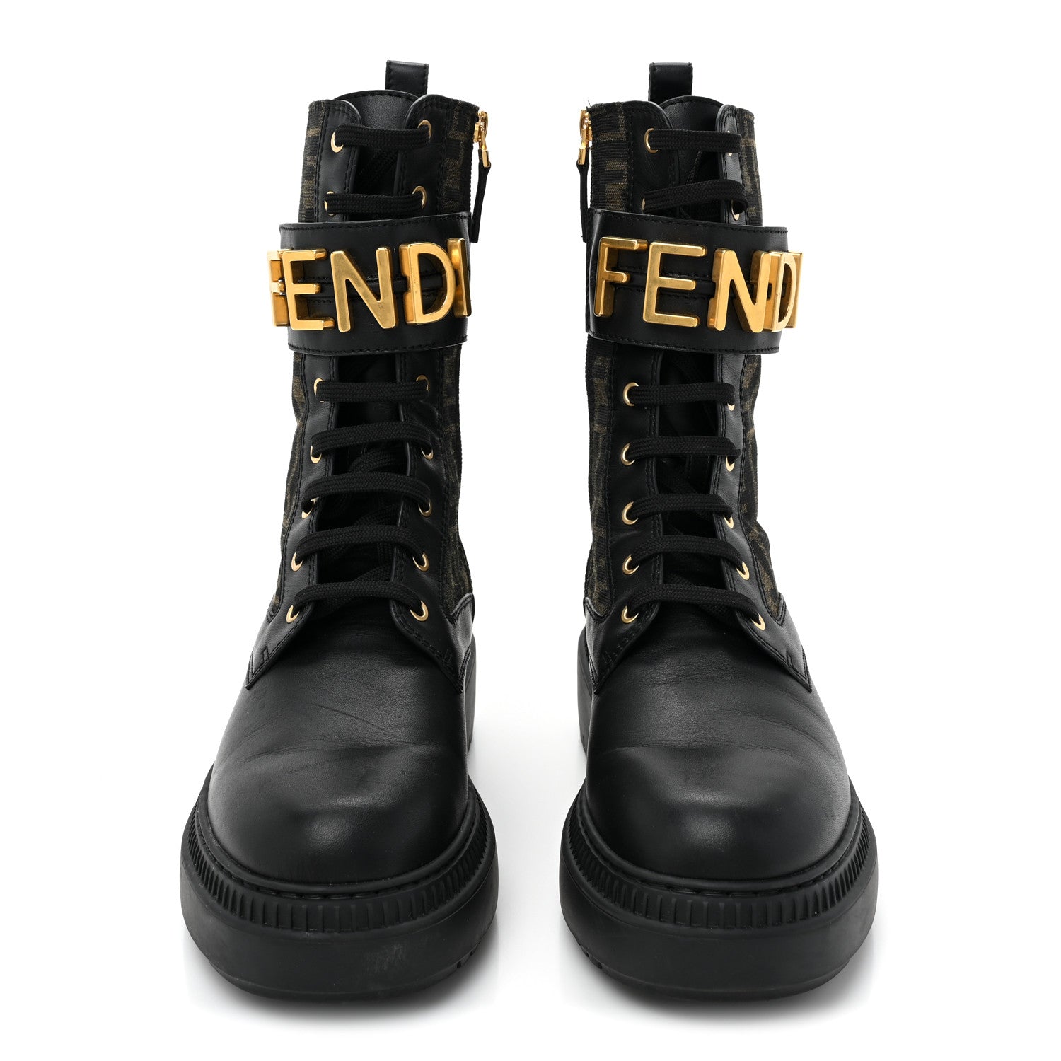 Fendi Vitello Fabric Jacquard FF Fendigraphy 50mm Biker Boots 42 Black Tobacco 2 of 13