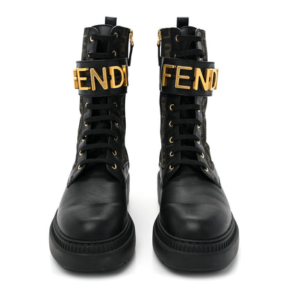 Fendi Vitello Fabric Jacquard FF Fendigraphy 50mm Biker Boots 42 Black Tobacco 2 of 13