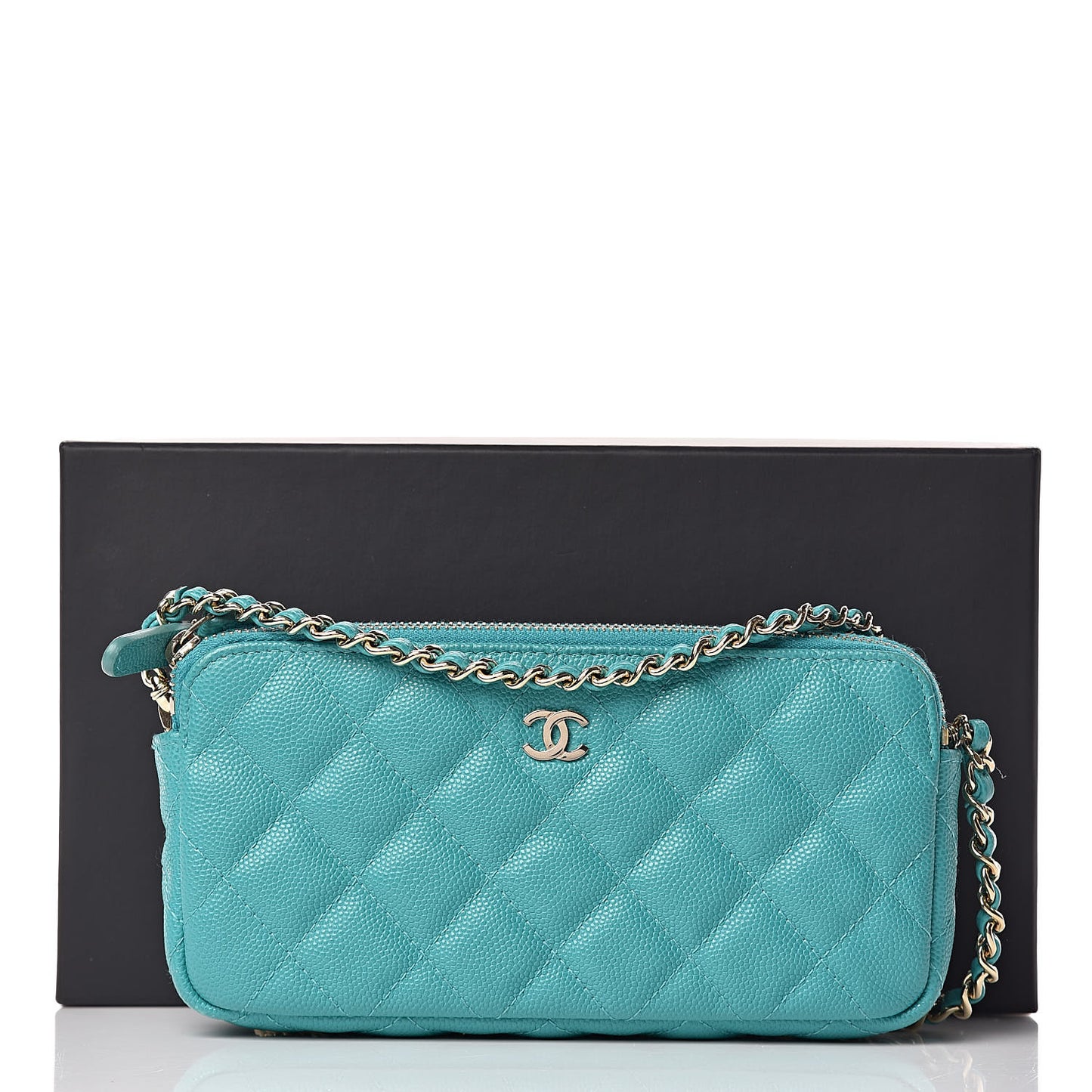 Caviar Quilted Small Clutch With Chain Turquoise