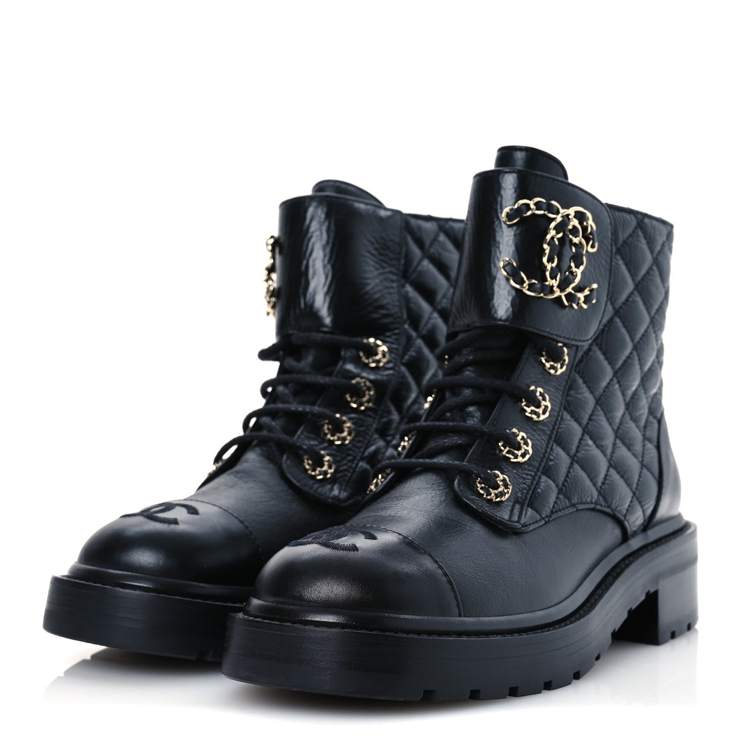 Shiny Calfskin Quilted Lace Up Combat Boots 37 Black