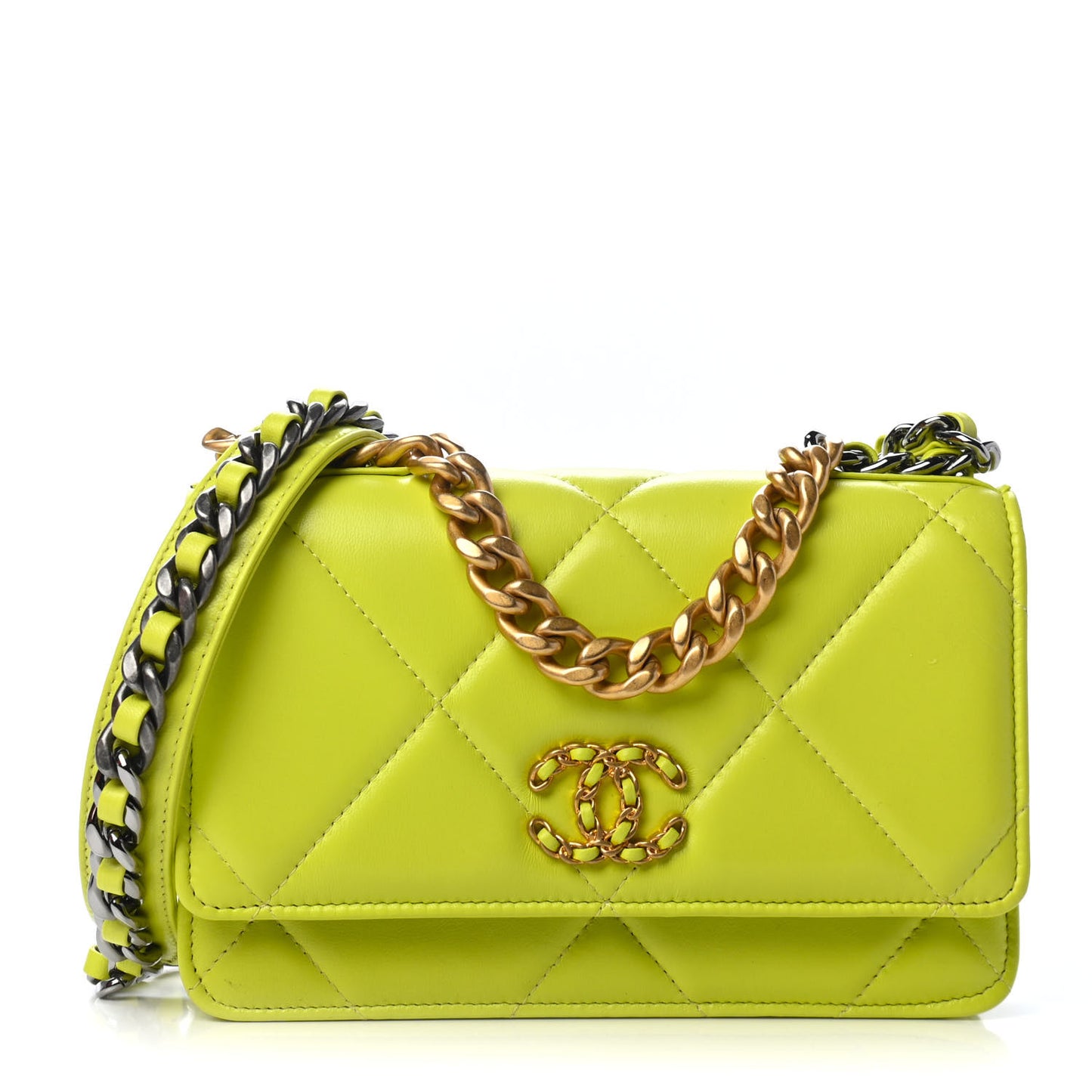 Shiny Lambskin Quilted Chanel 19 Wallet On Chain WOC Neon Yellow