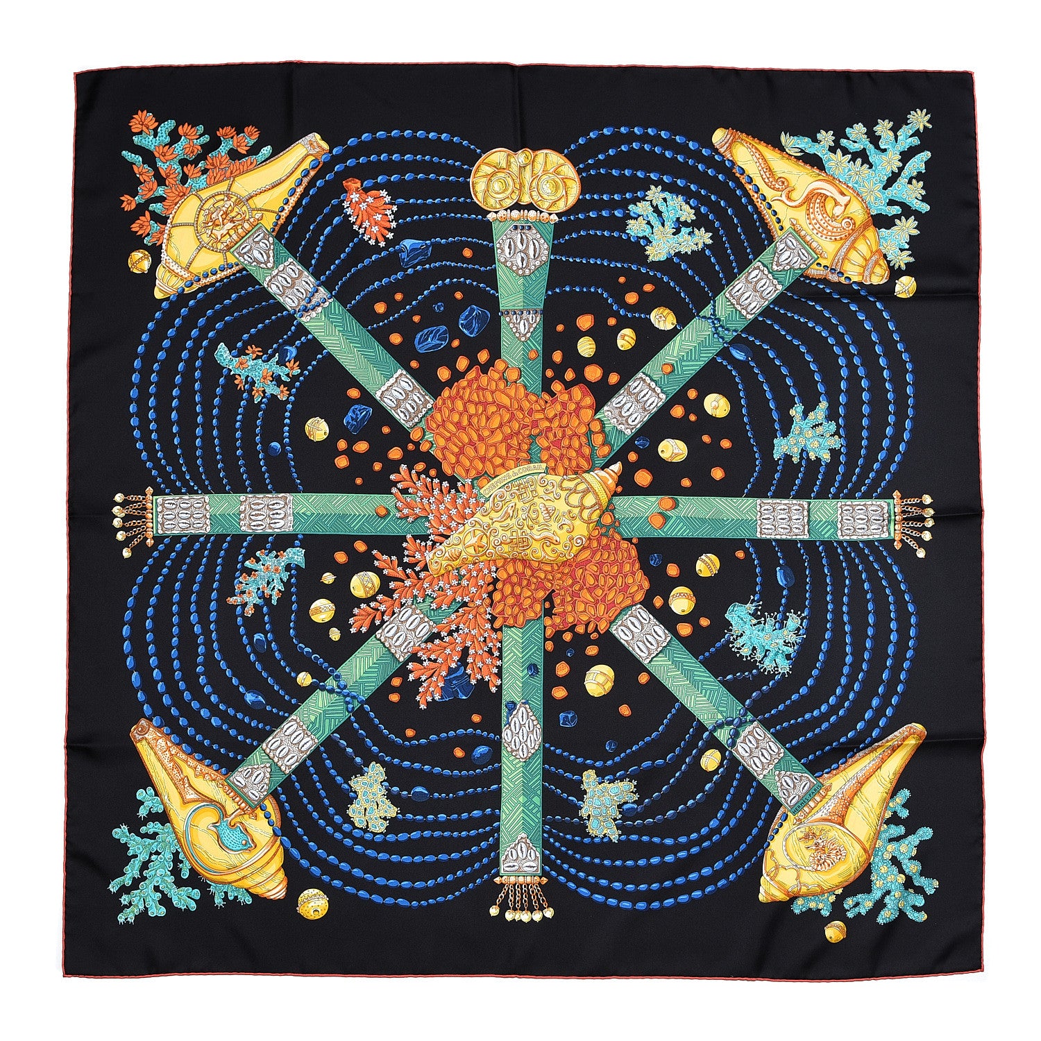 Hermes Silk Chemins De Corail Scarf 90 Black Vert Jaune Vif 1 of 5