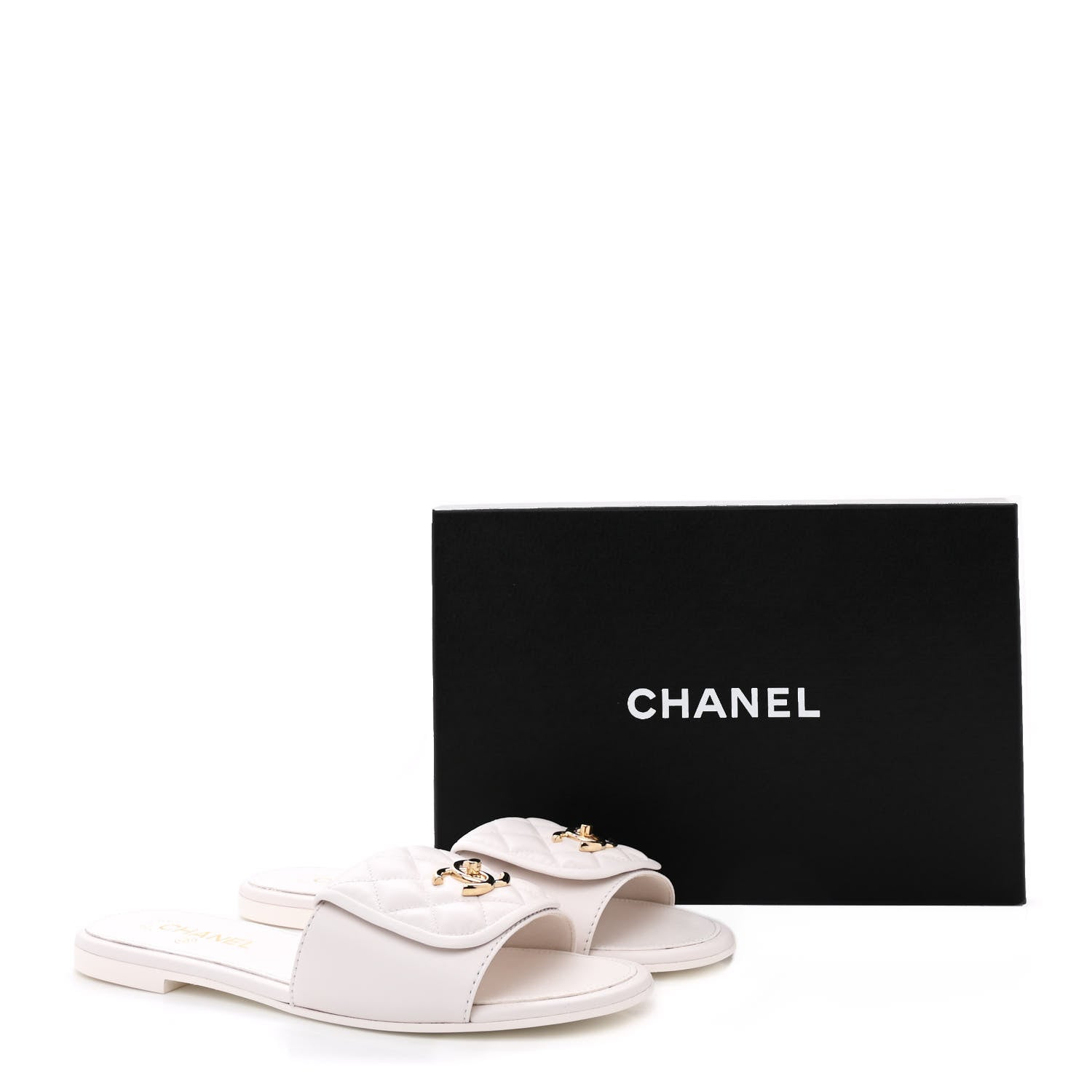 Chanel Lambskin Quilted Turnlock Flat Mules 41 White 1598954