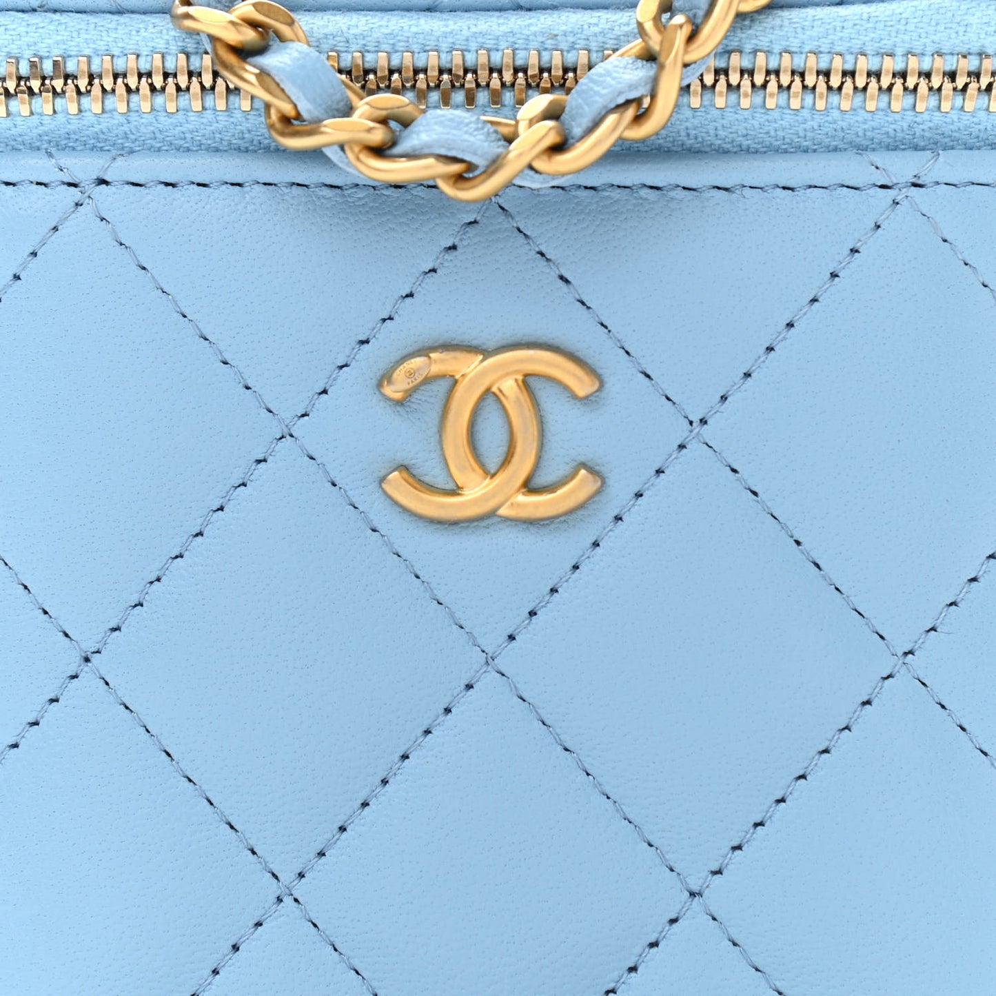 Lambskin Quilted Pearl Crush Mini Vanity Case With Chain Light Blue