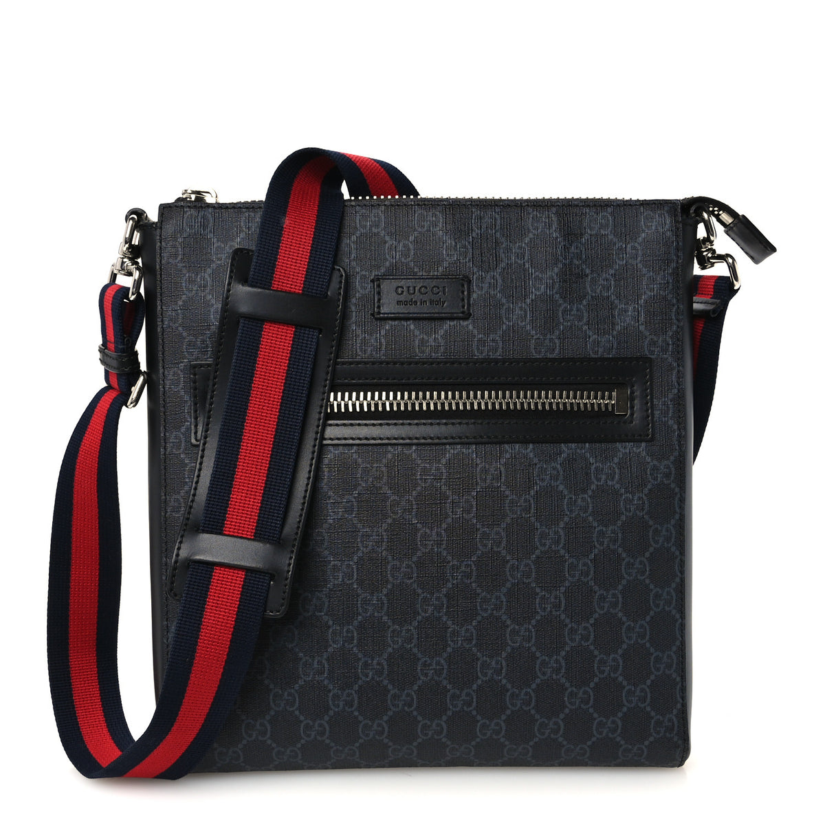 Gucci GG Supreme Monogram Appia Calfskin Web Flat Messenger Bag Black Grey 1 of 11