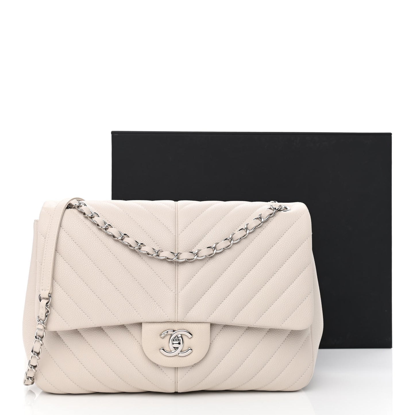 Caviar Chevron Quilted Large Puffy CC Flap White