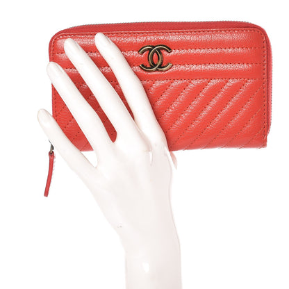 Chanel Shiny Goatskin Diagonal Quilted Small Zip Around Wallet Red 2 of 9