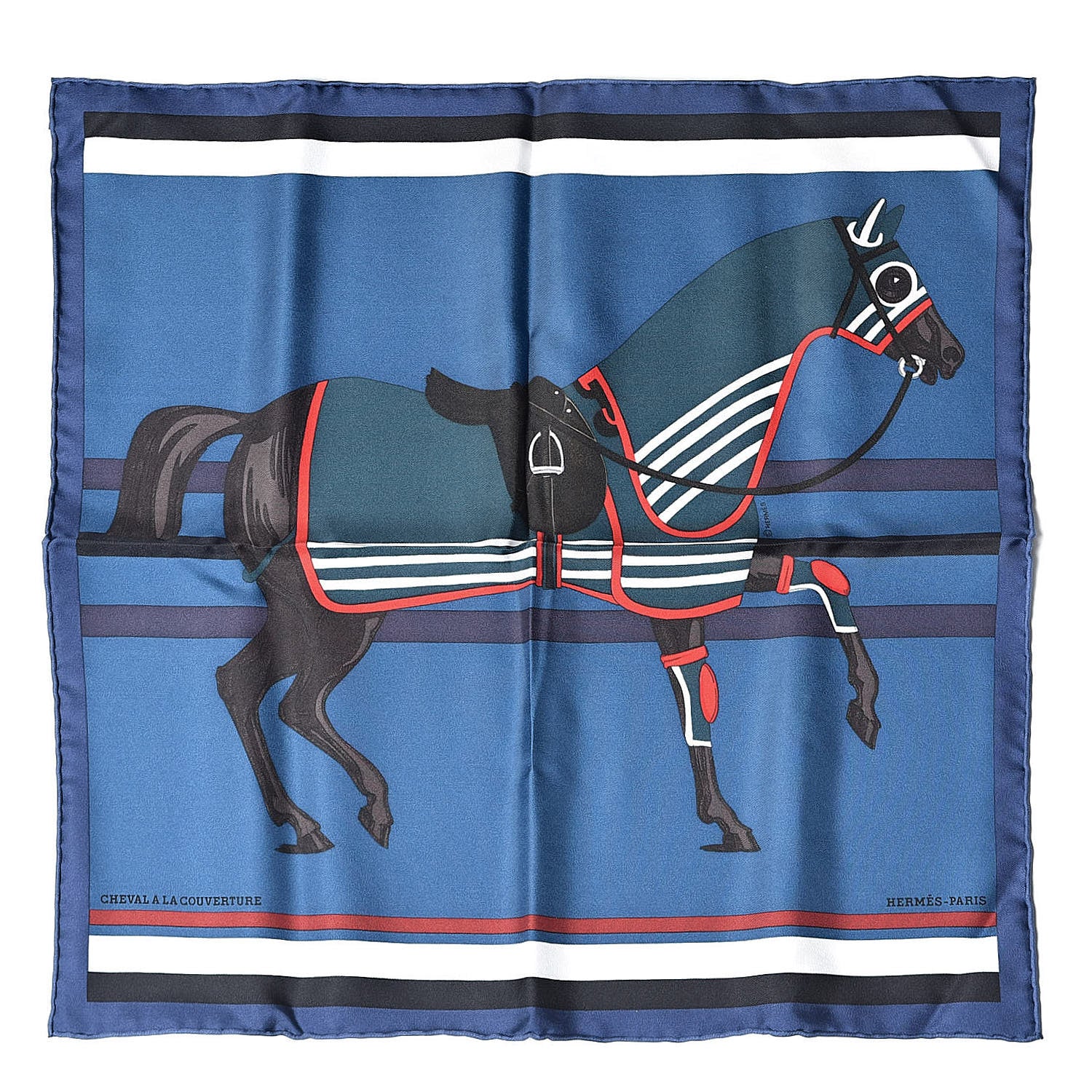 Hermes Silk Cheval A La Couveture Pocket Square Bleu Petrole Marine 1 of 4