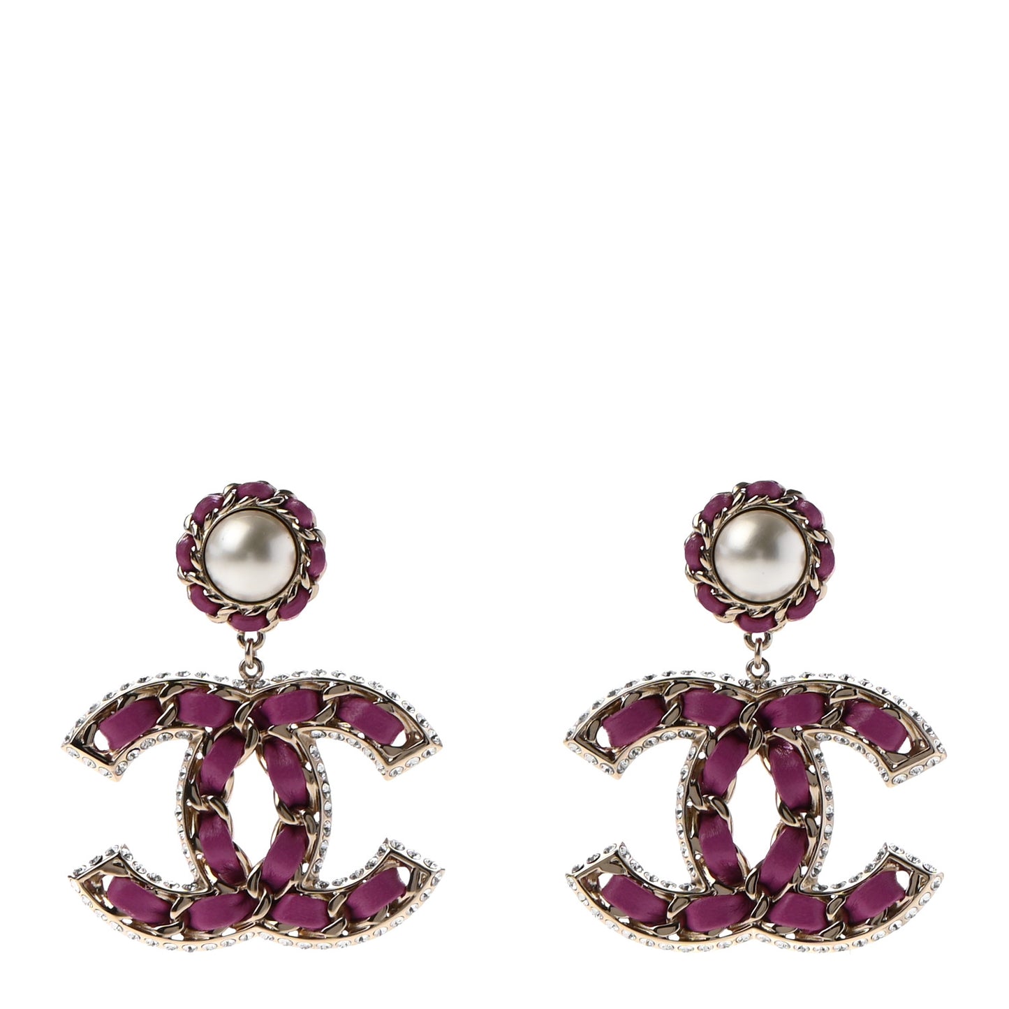 Pearl Lambskin Crystal Chain CC Drop Earrings Pink