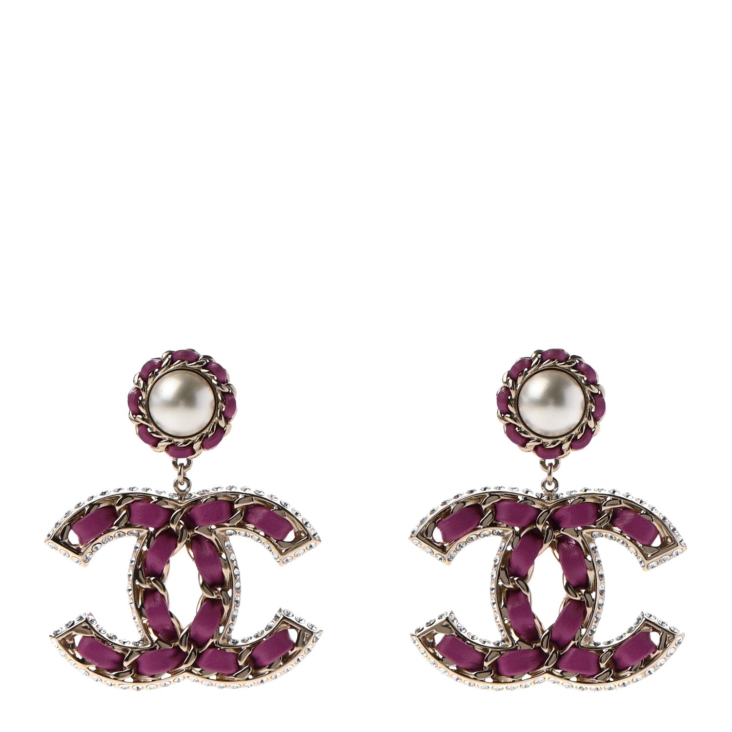Chanel Pearl Lambskin Crystal Chain CC Drop Earrings Pink 1 of 4