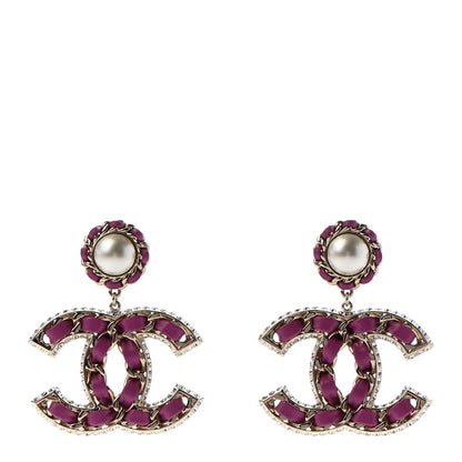Chanel Pearl Lambskin Crystal Chain CC Drop Earrings Pink 1 of 4