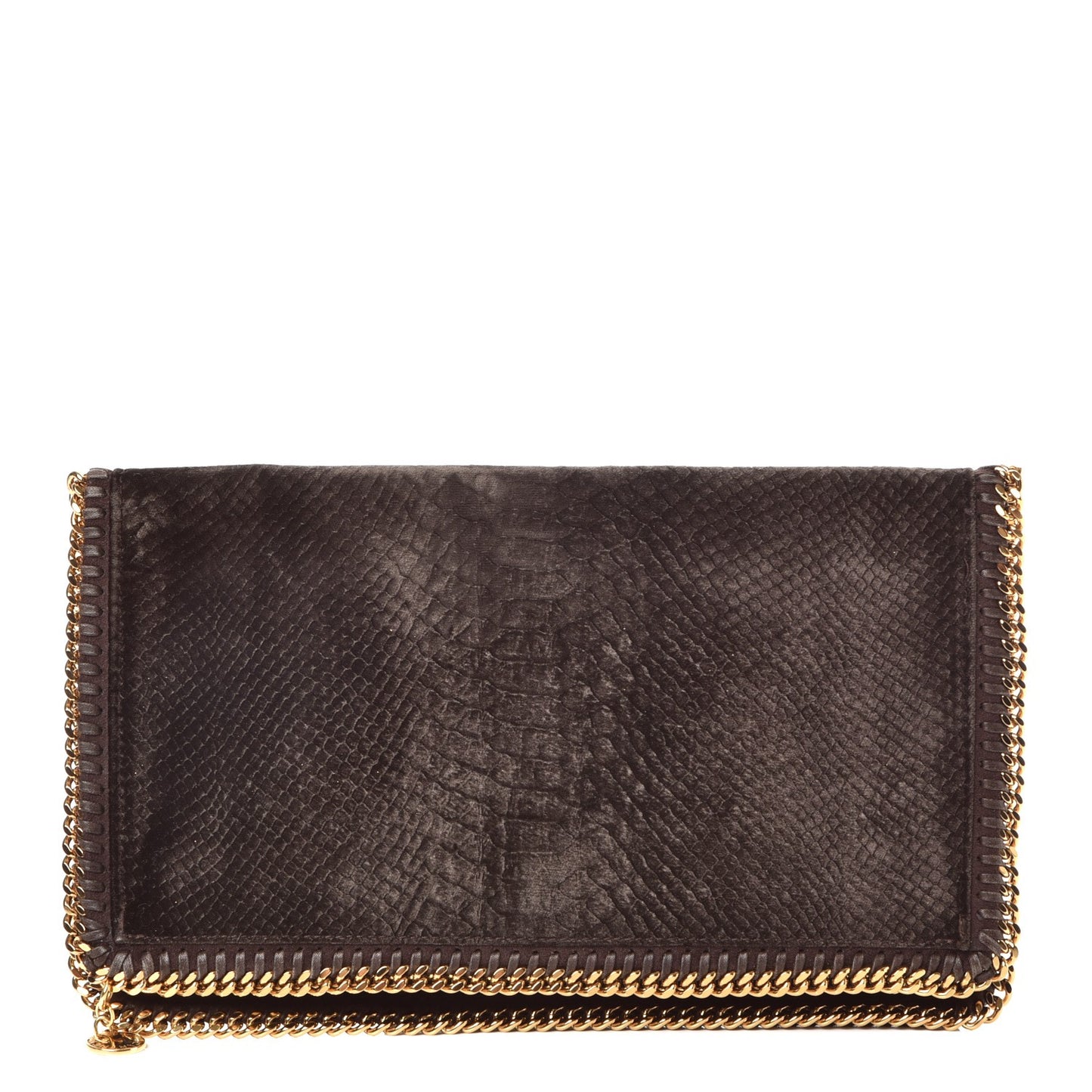 Snake Embossed Velvet Falabella Fold Over Clutch Brown